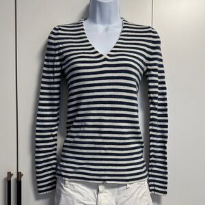 Banana Republic Navy and White Striped V-Neck Sweater